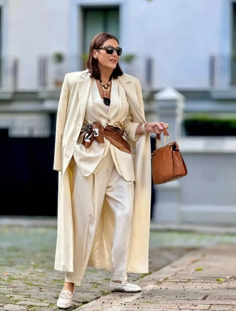 Woman in a cream blazer and trousers with a long coat over her shoulders, printed scarf belt, cognac bag, and white loafers.