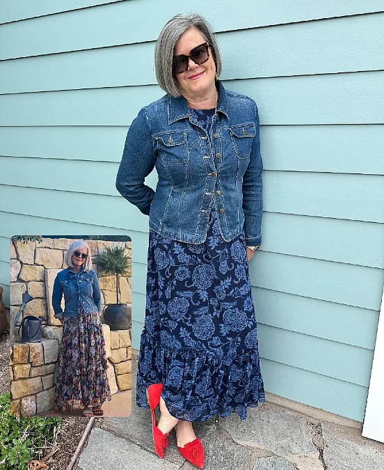 A Buttoned Denim Jacket Over a Floral Maxi Dress.