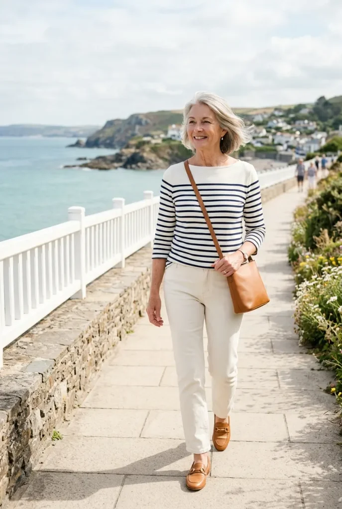 Navy and ivory stripes give a simple outfit a clear focal point. Pair a boatneck striped top with straight ecru jeans and tan loafers for a relaxed old money look.