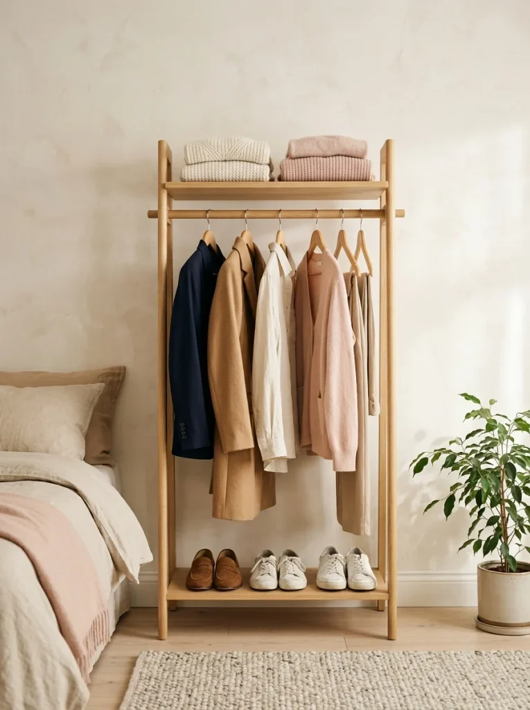A small, tidy wardrobe of cream, camel, navy, and blush pieces with loafers and sneakers below.