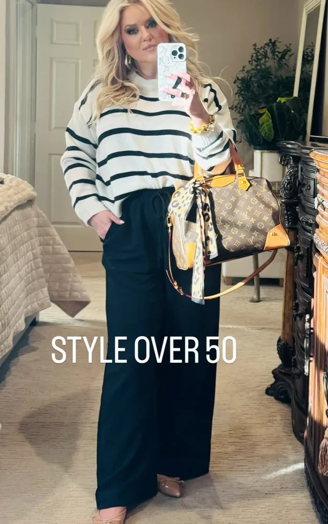 Striped Sweater, Flowy Black Pants