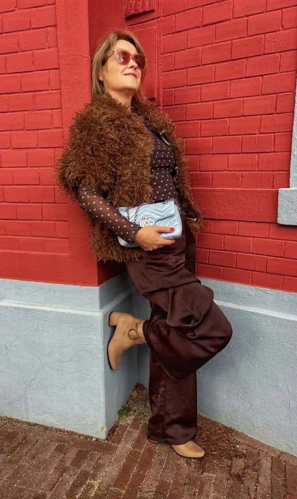 Chocolate Brown Three Ways: Shaggy Vest, Sheer Dots, and Satin Trousers.