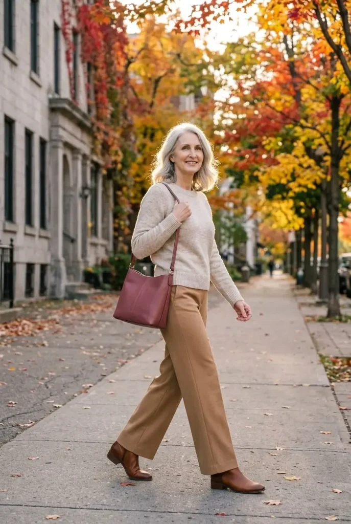 Walking with a bag on her shoulder is one of the most reliable poses AI can render. Shot: wide · three-quarter front-left angle, street scene