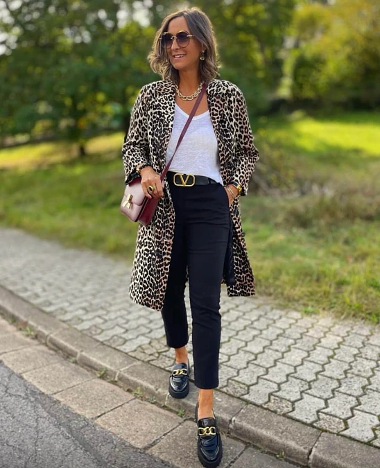 A Leopard Coat Over Black and White Basics.