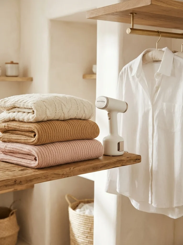 Folded sweaters on a shelf beside a garment steamer and a white shirt on a padded hanger.