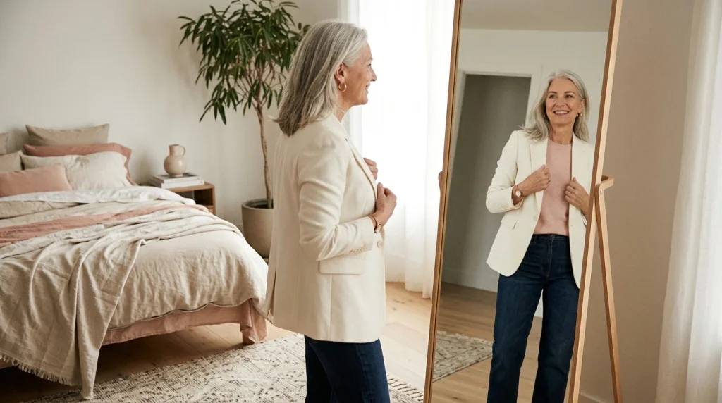 Smiling woman with silver hair in an ivory blazer and dark jeans checking her outfit in a mirror.