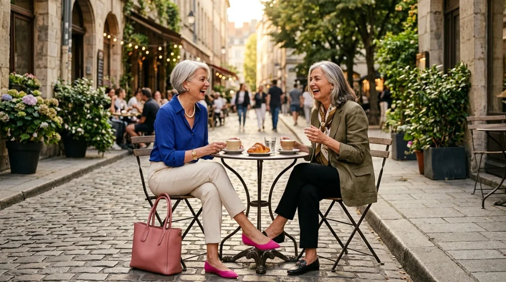 Friends laughing at a café is a simple, natural scene. It's a strong final image because it shows the reader's "after" moment.